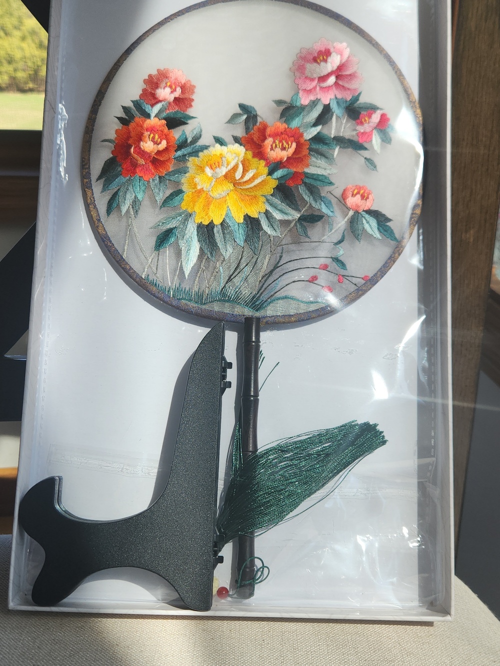 Handmade Silk Embroidered Floral  Round Fan